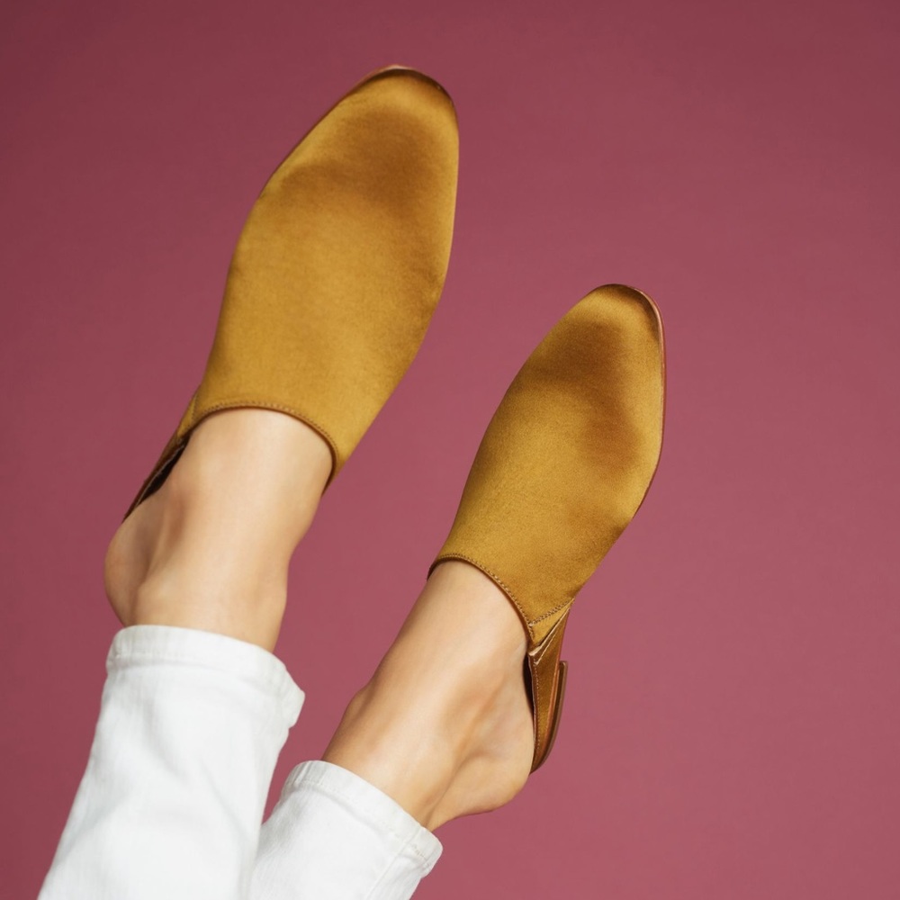 Anthropologie Golden Yellow Satin Slides NWOT